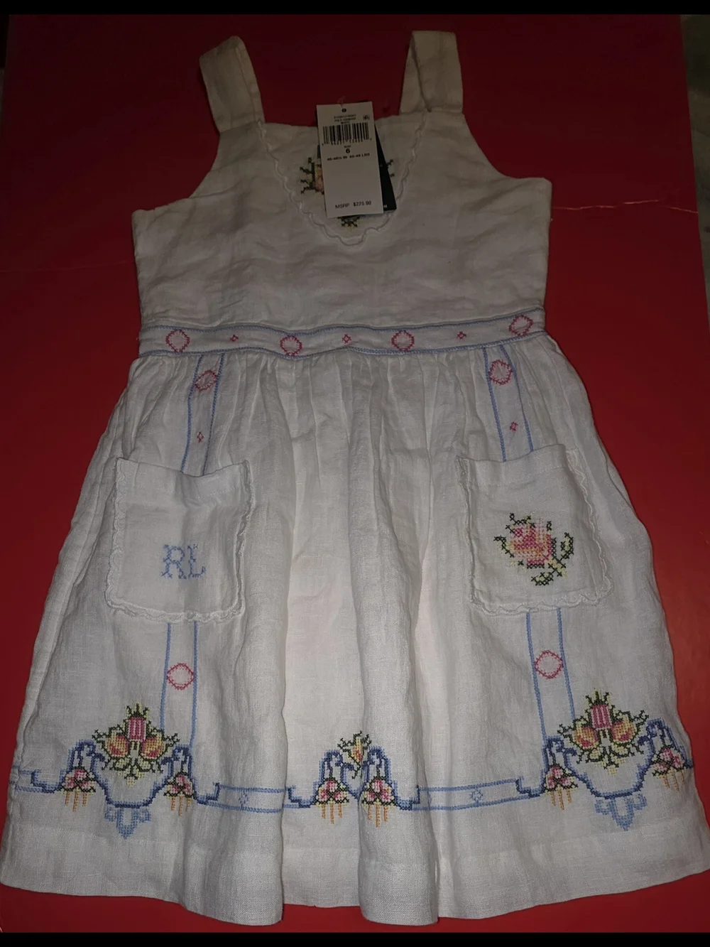 Ralph Lauren White Linen Dress with Multicolor Floral Embroidery Size 6 Girls